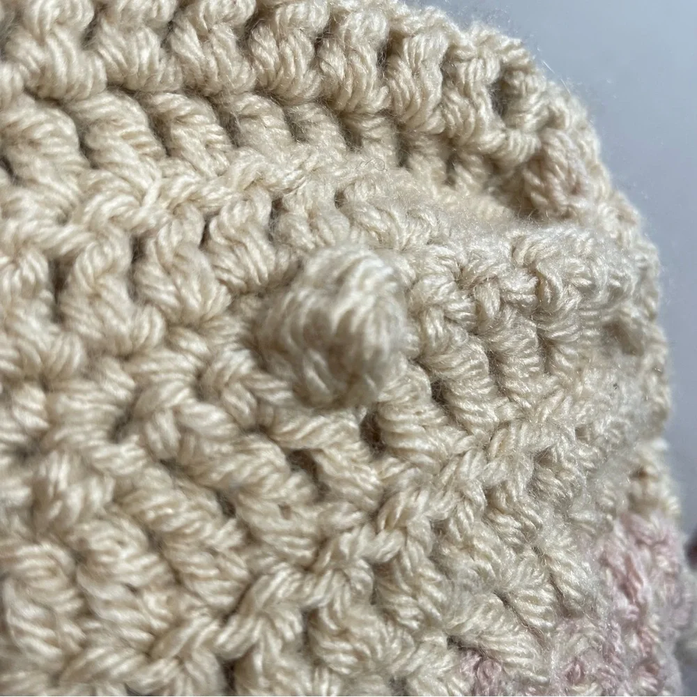 Handmade‎ Bonnet Oatmeal/Pink With Bobbles, Tassel Tie Baby Girl 12-18 Month